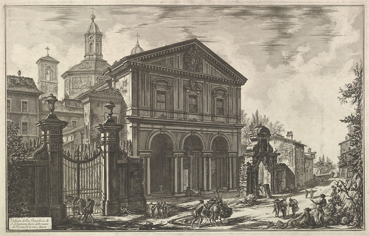 View of the Basilica of San Sebastiano fuori delle mura [St. Sebastian ouside the Walls] on the Appian Way, from Vedute di Roma (Roman Views), Giovanni Battista Piranesi (Italian, Mogliano Veneto 1720–1778 Rome), Etching; first state of four (Hind) 