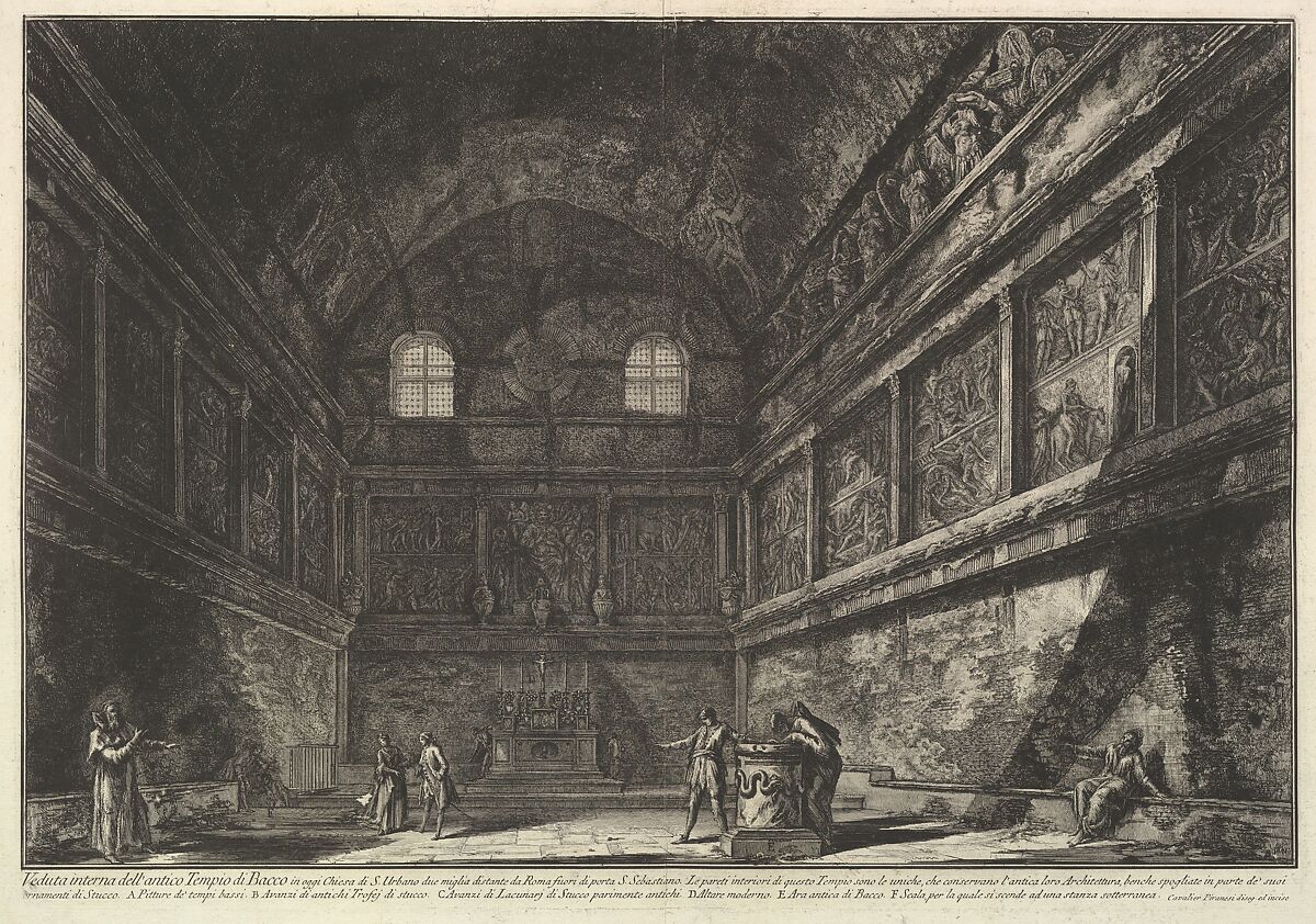 Interior view of the ancient Temple of Bacchus, now the church of S. Urbano, two miles from Rome..., from Vedute di Roma (Roman Views), Giovanni Battista Piranesi (Italian, Mogliano Veneto 1720–1778 Rome), Etching; second state of four (Hind) 