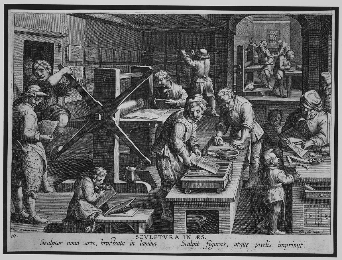 The Workshop of an Engraver [Sculptura in Aes], plate 19 from Nova Reperta, Designed by Jan van der Straet, called Stradanus (Netherlandish, Bruges 1523–1605 Florence), Engraving 