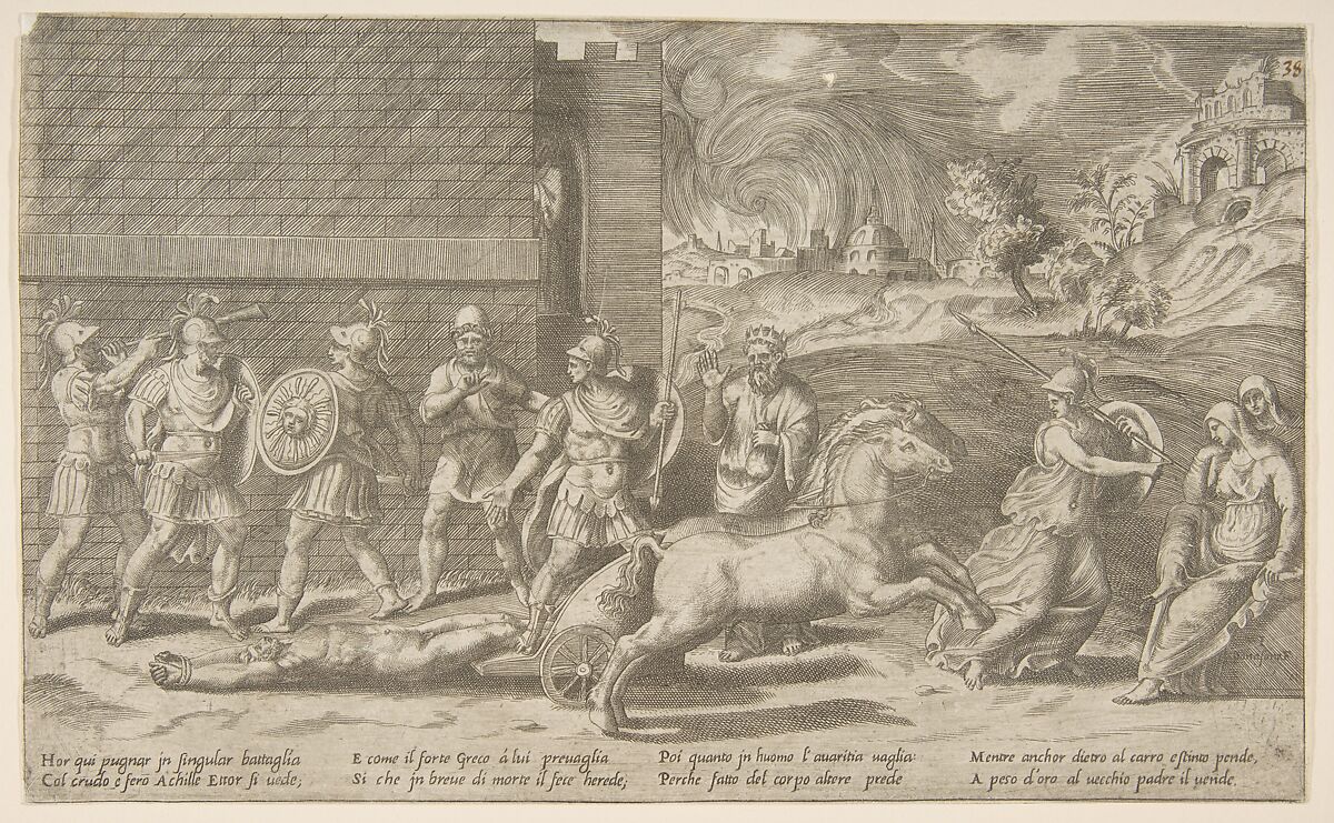 The combat of Hector and Achilles, and Achilles dragging the body of Hector around the walls of Troy, Giulio Bonasone (Italian, active Rome and Bologna, 1531–after 1576), Engraving 