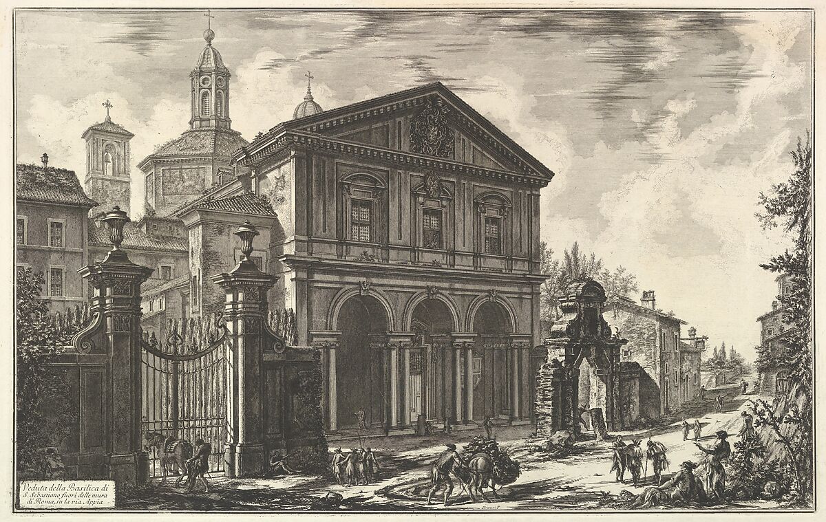 View of the Basilica of San Sebastiano fuori delle mura [St. Sebastian outside the Walls] on the Appian Way, from Vedute di Roma (Roman Views), Giovanni Battista Piranesi (Italian, Mogliano Veneto 1720–1778 Rome), Etching; first state of four (Hind) 