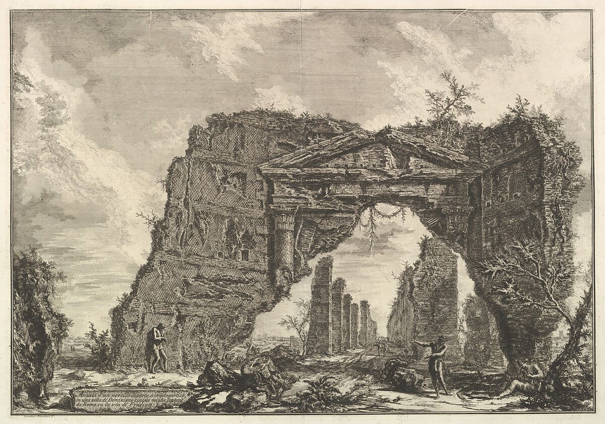 Remains of a covered portico, or a cryptoportiucus, in a villa of Domitian, five miles outside Rome on the Frascati road, from Vedute di Roma (Roman Views), Giovanni Battista Piranesi (Italian, Mogliano Veneto 1720–1778 Rome), Etching; second state of four (Hind) 