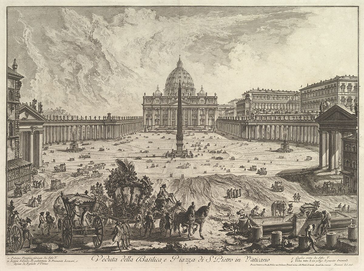 View of St. Peter's Basilica and Piazza in the Vatican, from Vedute di Roma (Roman Views), Giovanni Battista Piranesi (Italian, Mogliano Veneto 1720–1778 Rome), Etching; fourth state of seven (Hind) 