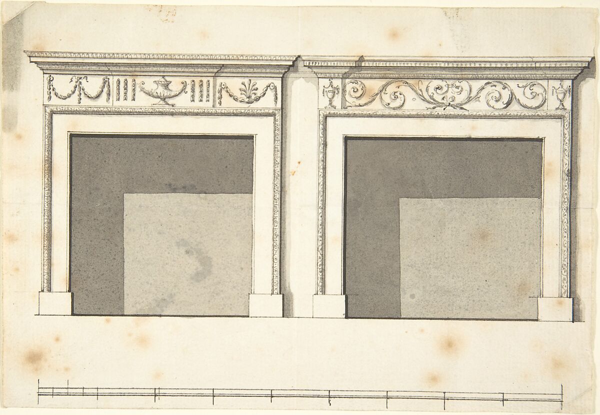 Two Designs for Mantels in the Adam Style, Anonymous, British, 18th century, Pen and black ink, brush and gray wash 