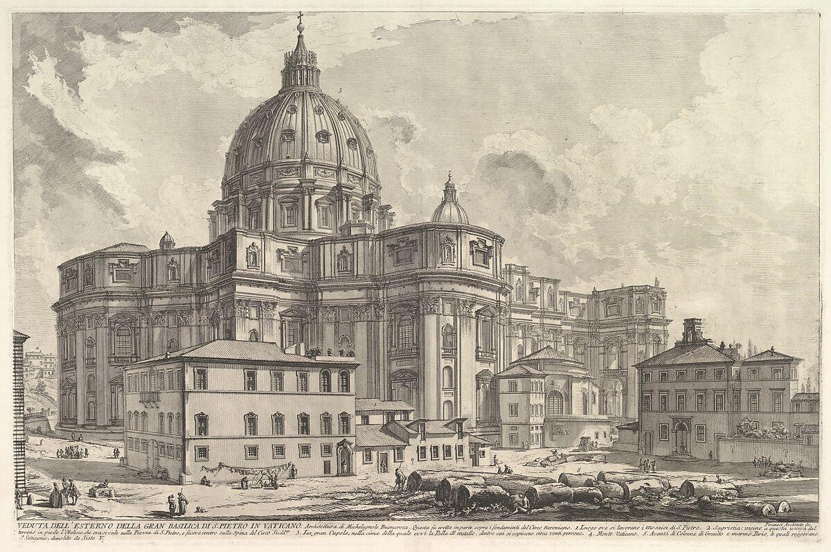 View of the exterior of St. Peter's Basilica in the Vatican, from Vedute di Roma (Roman Views), Giovanni Battista Piranesi (Italian, Mogliano Veneto 1720–1778 Rome), Etching; first state of seven (Hind) 