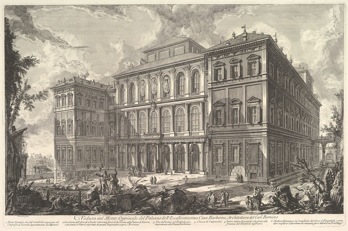 View of the palace of the illustrious Barberini family on the Quirinal Hill, designed by Cavaliere Bernini, from Vedute di Roma (Roman Views), Giovanni Battista Piranesi (Italian, Mogliano Veneto 1720–1778 Rome), Etching; first state of five (Hind) 