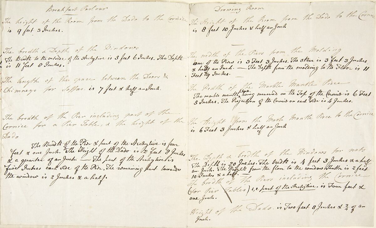 Measurements for a Breakfast Parlour and Drawing Room, James Oldham (British, active late 18th century), Pen and brown ink 