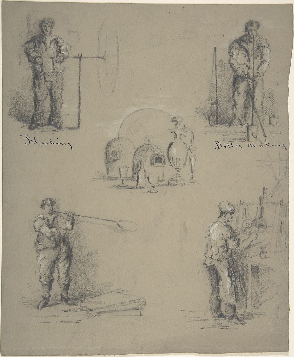 Five images showing the processes of manufacturing glass, Anonymous, British, 19th century, Graphite, white chalk, pen and ink, on gray paper 