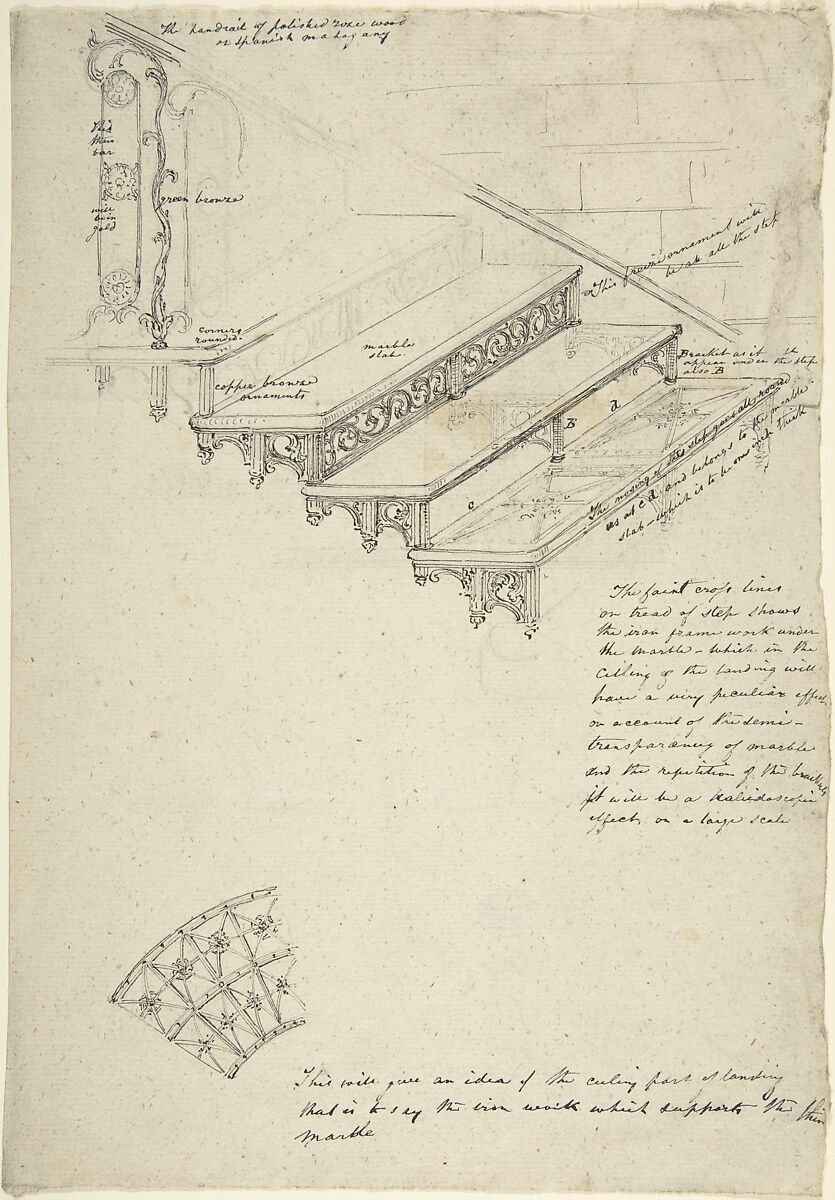 Drawing for an iron stairway with marble treads, Anonymous, British, 19th century, Pen and ink and graphite 
