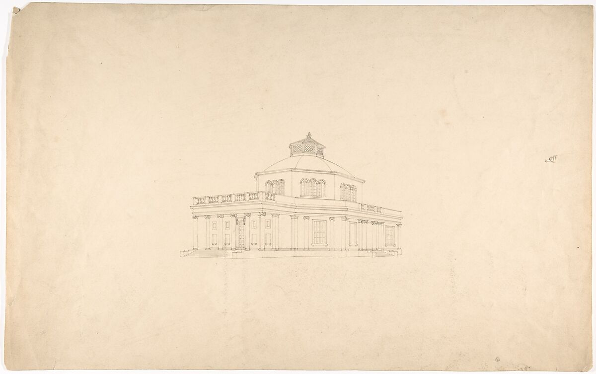 Design for a Centrally Planned Domed Building with Porticos, Perspective, Anonymous, British, early 19th century, Pen and ink 