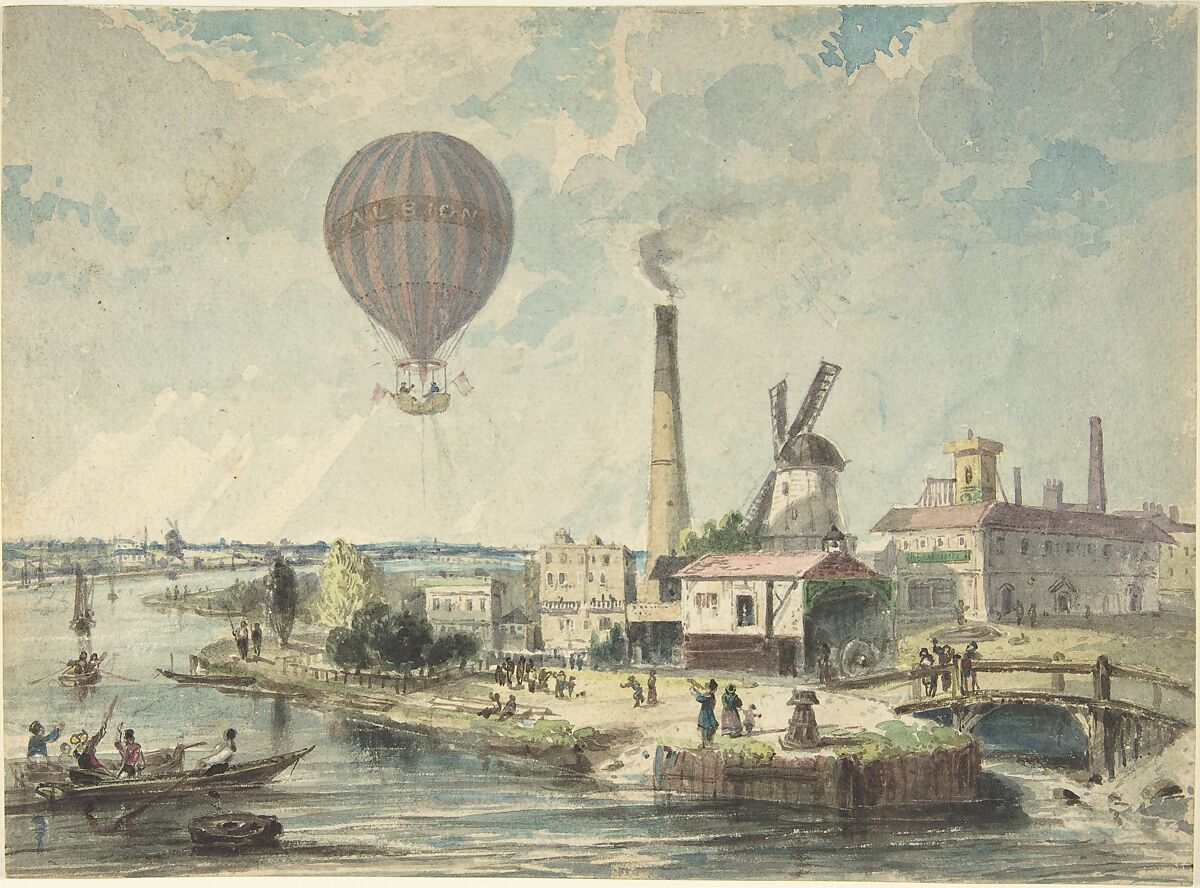 Mr. Green in the Albion Balloon, Having Ascended from Vauxhall Gardens, August 12, 1842, Anonymous, British, 19th century, Watercolor 