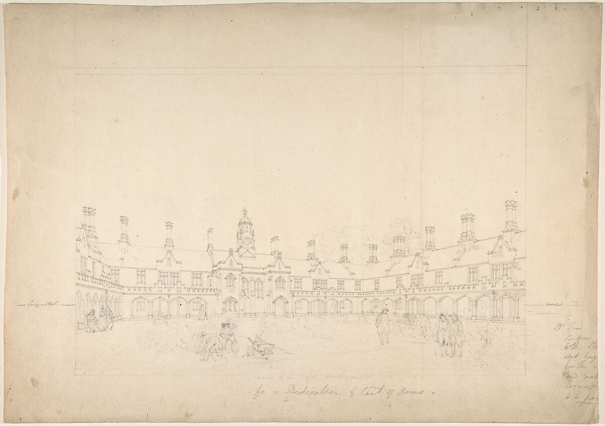 View of a Courtyard Surrounded by Buildings in Gothic Style with Central Clock Tower, Anonymous, British, 19th century, Graphite 