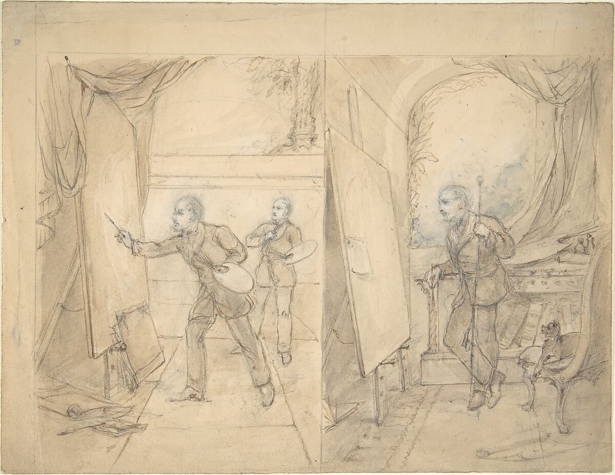 Two Views of an Artist's Studio, possibly that of Eden Upton Eddis, Anonymous, British, 19th century, Pen and brown ink, brush and brown and blue wash, over black and white chalk 