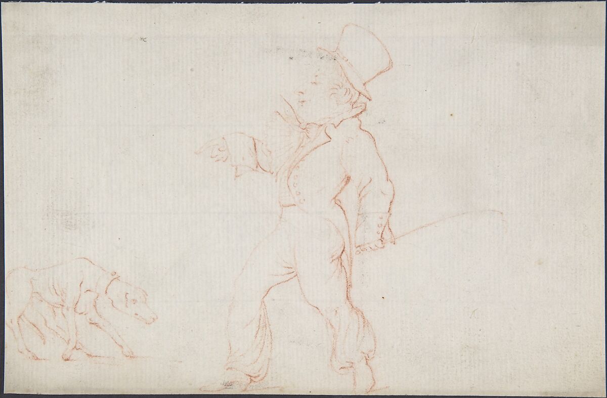 Caricature of a Man with a Dog, Anonymous, British, 19th century, Red chalk 