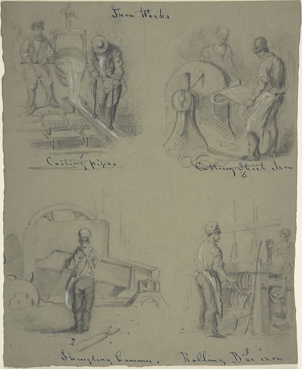 Four drawings showing the manufacture of iron, Anonymous, British, 19th century, Graphite, white chalk, pen and ink, on gray paper 