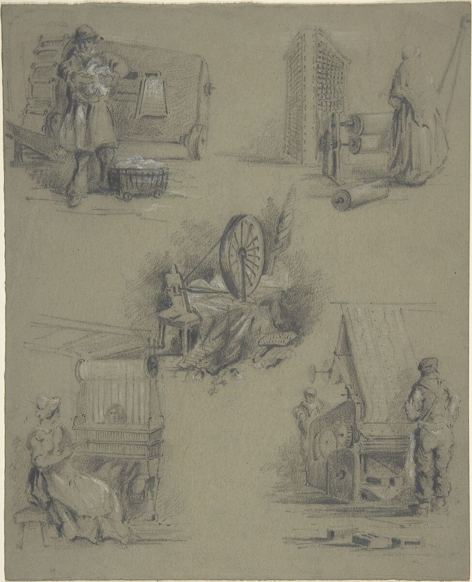 Five drawings showing processes of weaving and spinning, Anonymous, British, 19th century, Graphite and white chalk on gray paper 