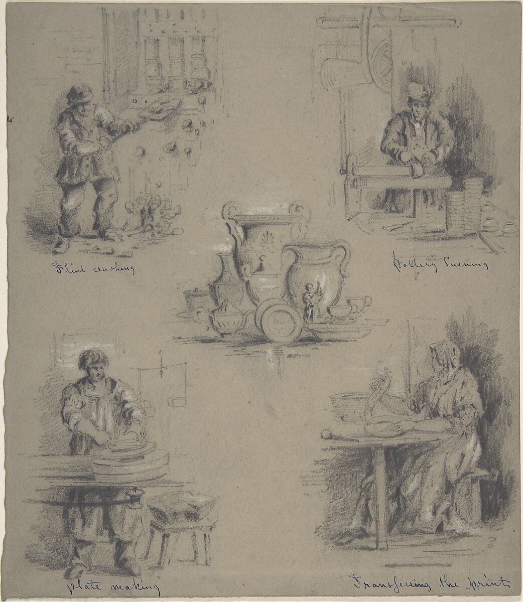 Five drawings showing the manufacture of china, Anonymous, British, 19th century, Graphite, white chalk, pen and ink, on gray paper 