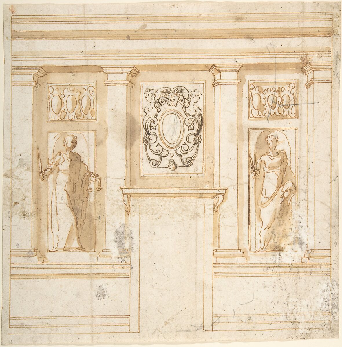 Elevation of a wall with partial pilasters, reliefs, and niche figures, Anonymous, Italian?, 16th century, Pen and brown ink, brush and brown wash, over traces of leadpoint (?) underdrawing 
