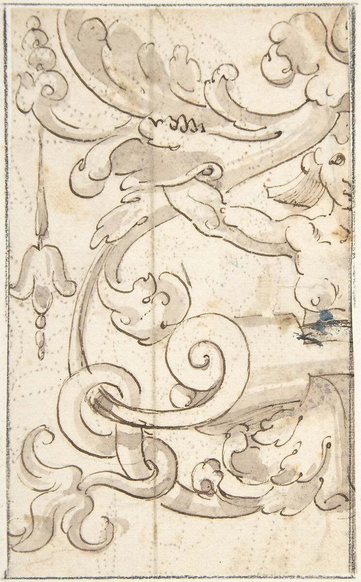 Fragment of Ornamental Drawing after the Antique; Half-harpy with Acanthus Rinceaux, Andrés de Melgar (Spanish, documented S. Domingo de la Calzada, died after 1554), Pen and brown ink, brush with gray wash, over traces of metalpoint; design has been selectively pricked 