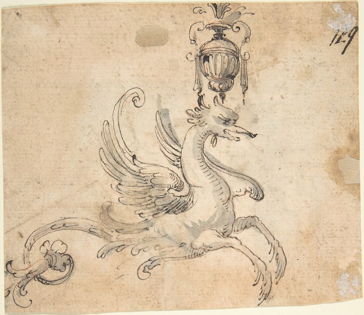 Winged Hippocamp supporting a Vase (recto); Figure Studies and Architectural Design (verso), Anonymous, Italian, 16th to early 17th century, Pen and brown ink, brush and brown wash, over red chalk (recto); pen and brown ink, brush and gray wash, over red chalk. 