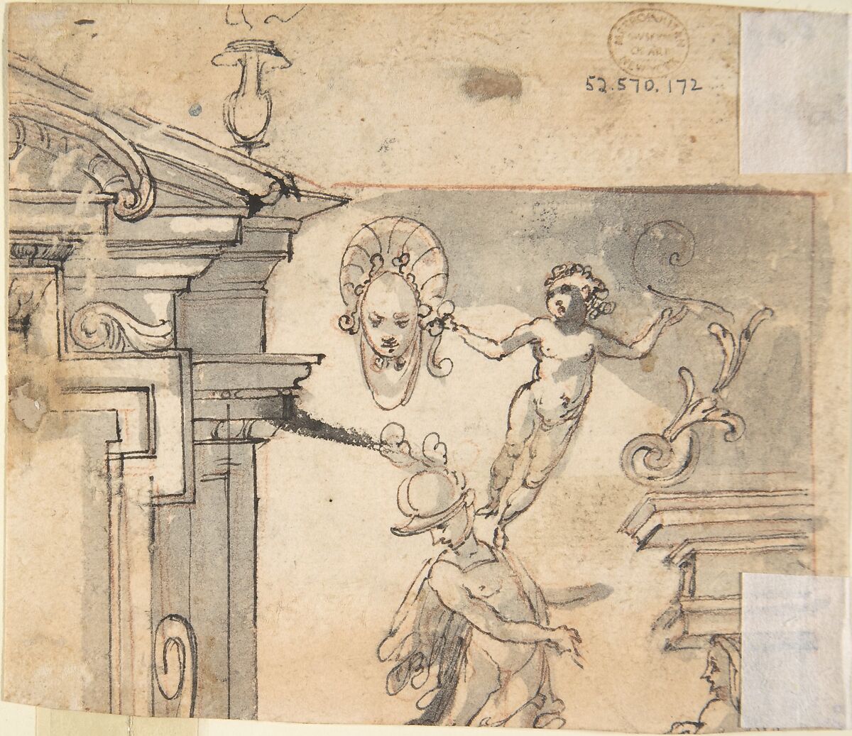 Winged Hippocamp supporting a Vase (recto); Figure Studies and Architectural Design (verso), Anonymous, Italian, 16th to early 17th century, Pen and brown ink, brush and brown wash, over red chalk (recto); pen and brown ink, brush and gray wash, over red chalk
