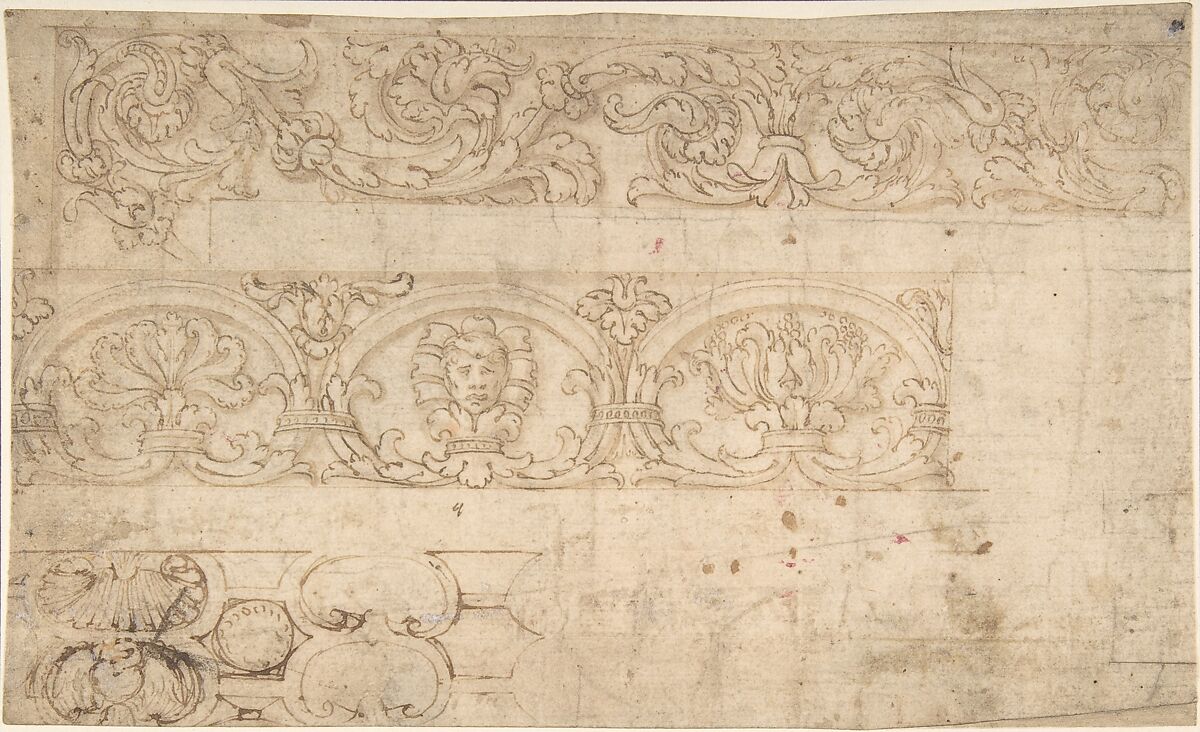 Ornamental Design after the Antique; Bands of Acanthus Rinceaux, Figurated Palmettes, and Shell Cartouches, Anonymous, Italian, 15th to 16th century, Pen and brown ink, brush and brown wash, over leadpoint (?) underdrawing 