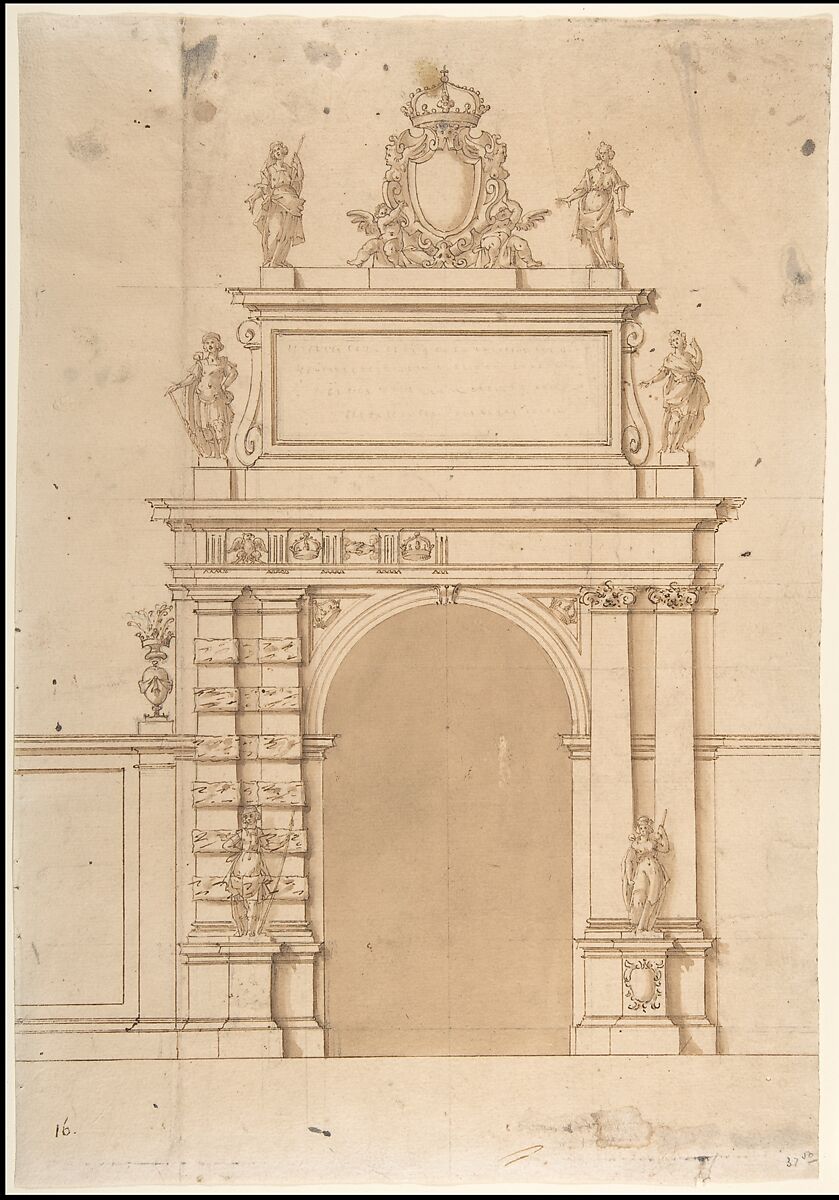 Design for the Triumphal Arch at the Porta Ticinese in Milan, with the Imperial Arms of the Hapsburg and Allegorical Figures, Francesco Maria Richini (or Ricchino) (Italian, Milan 1584–1658 Milan), Pen and brown ink, brush and brown wash, over leadpoint, with stylus ruling and compass construction 