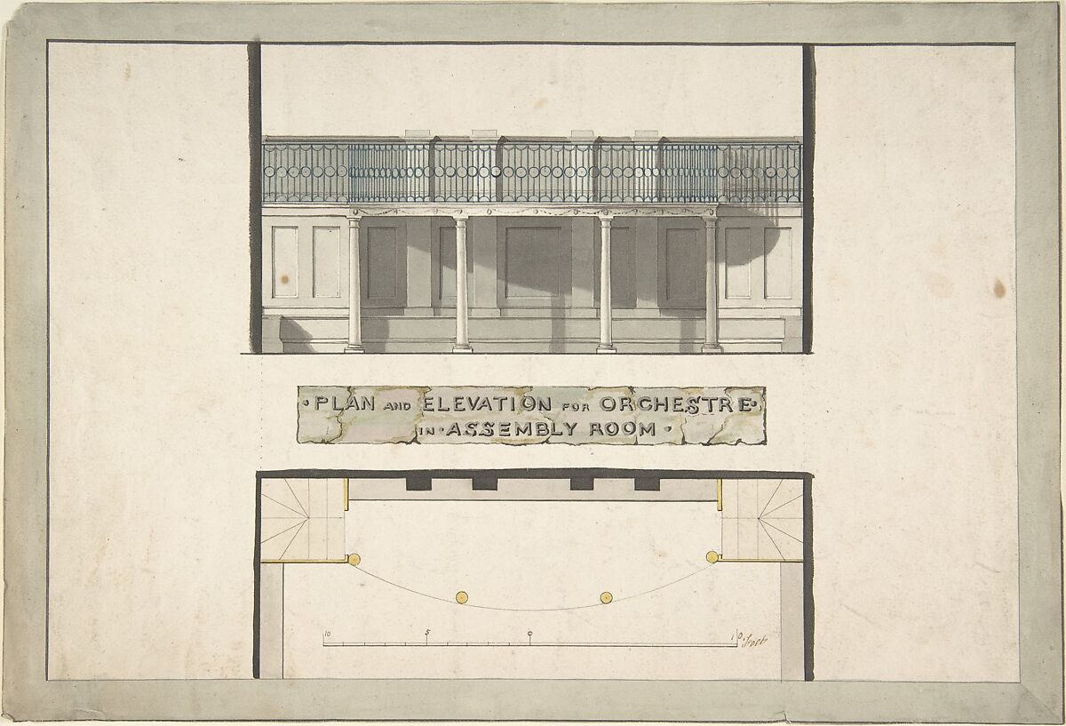 Design for an Orchestra Gallery in an Assembly Room, Plan and Elevation, Anonymous, British, late 18th–early 19th century, Pen and ink and watercolor 