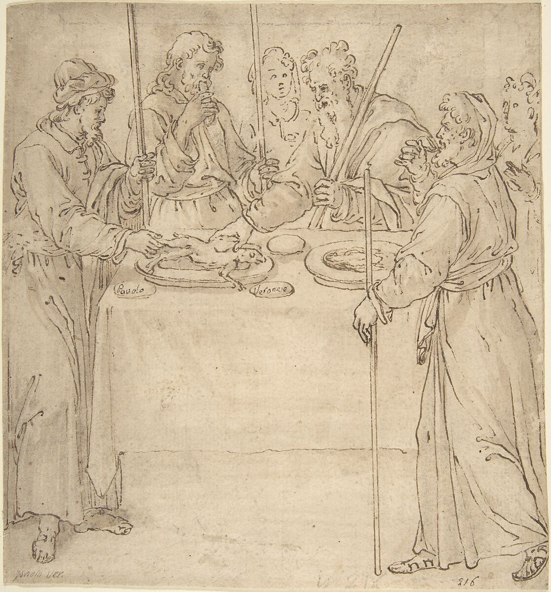 Four Travelers Sharing a Meal?, Anonymous, Italian, mid-16th century, Pen and brown ink over traces of leadpoint 