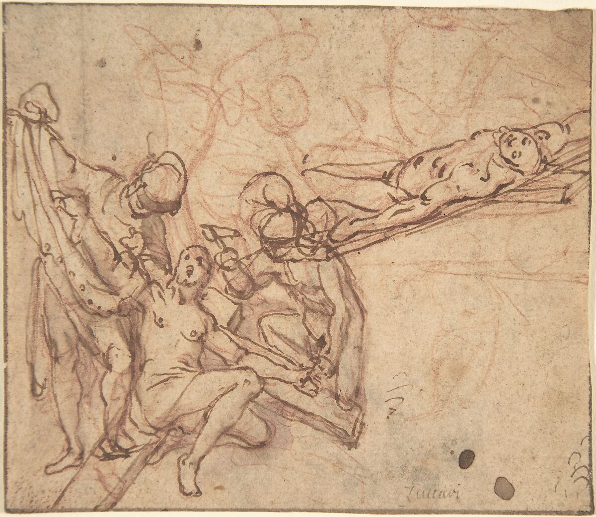 Studies for a Crucifixion, Alessandro Casolani (Italian, Mensano or Colle Val d&#39;Elsa 1552 - 1607 Siena), Pen and brown ink, brush and brown wash, over red chalk; framing lines in pen and brown ink 