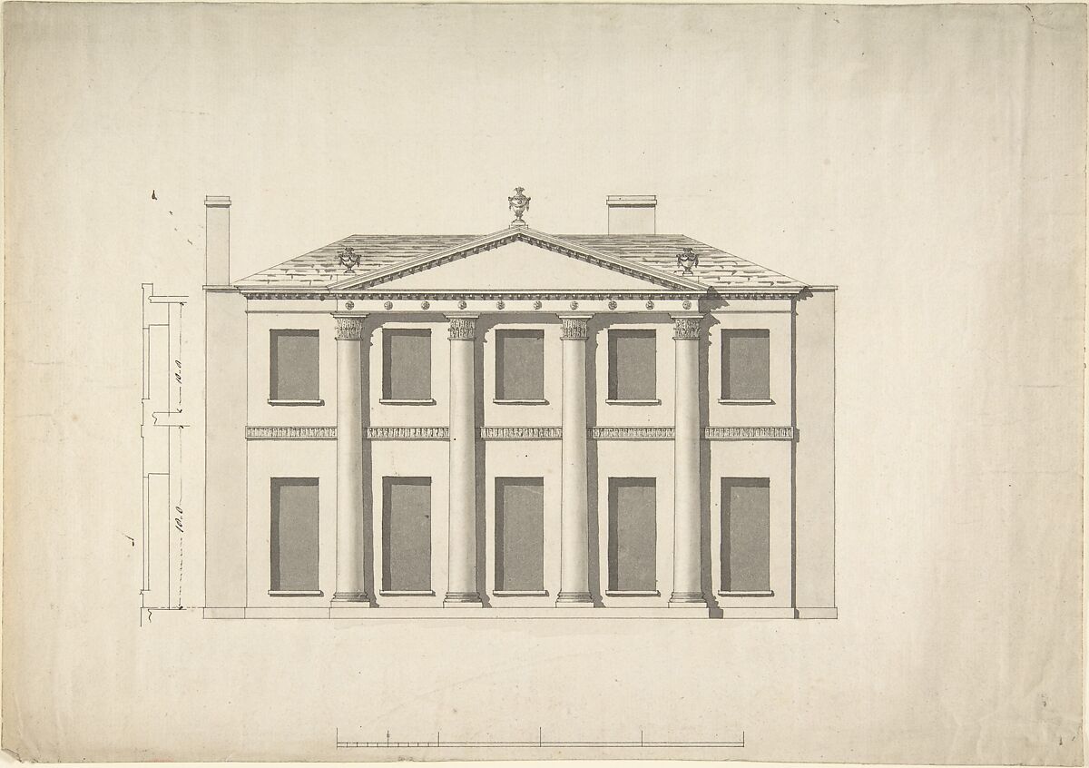 Design for a Building Facade of Two Storeys and Five Bays, with a Pediment and an Adamesque Portico, Elevation and Wall Plan, Anonymous, British, 18th century, Pen and ink, brush and wash 