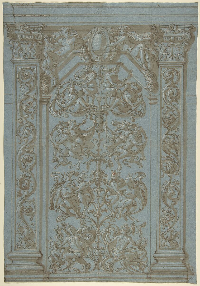 Design for a Wall Elevation with Grotesques, Anonymous, Italian, second half of the 16th century, Pen and brown ink, brush and brown wash; some stylus ruling; highlighted with white gouache; on blue paper 