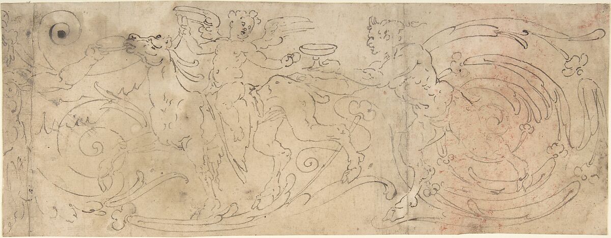 Frieze with Acanthus Rinceau with Grotesques, Anonymous, Italian, second half of the 16th century, Pen and black ink with traces of metalpoint and red chalk 