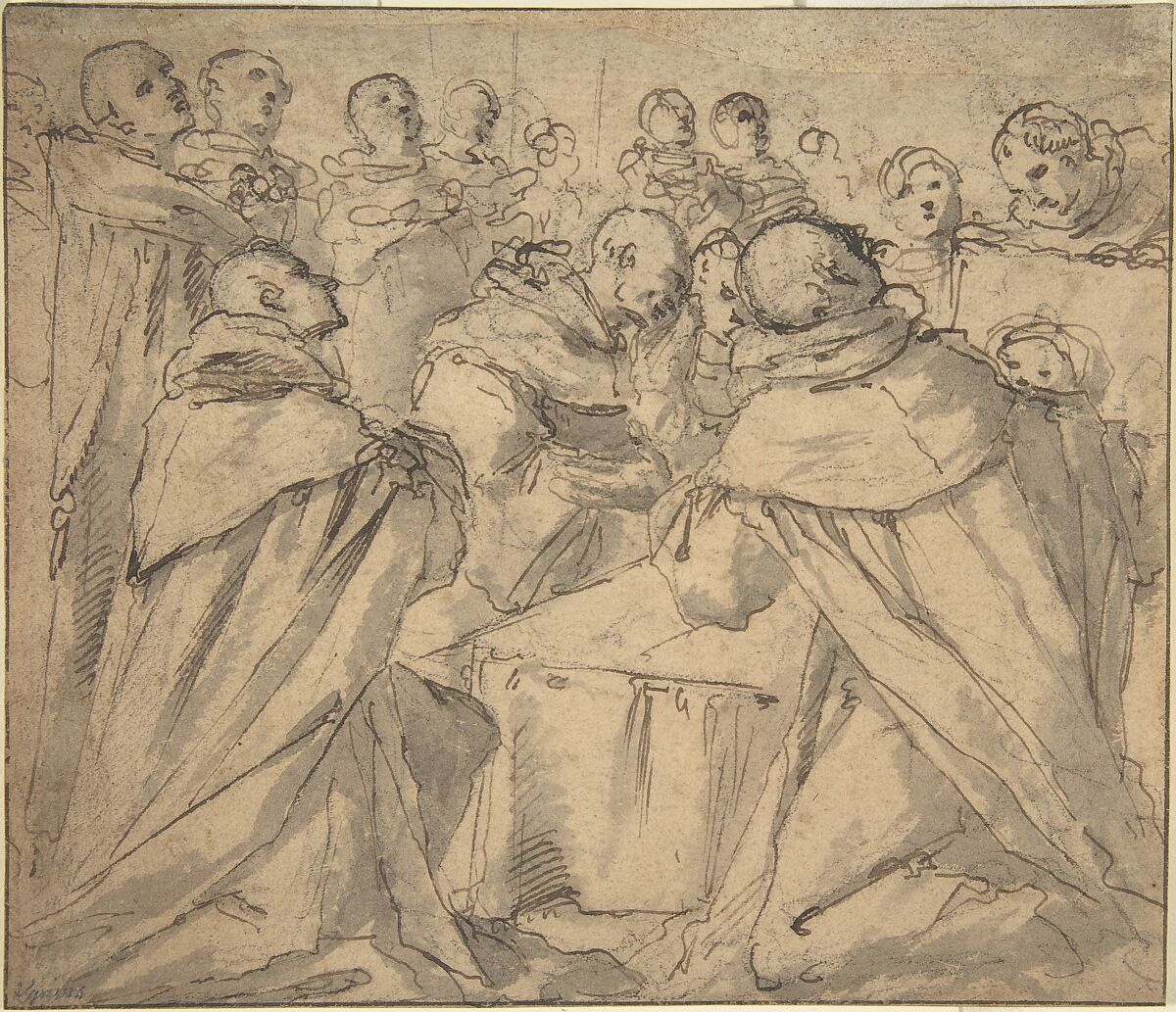 Deathbed Scene with Monks, Anonymous, Italian, 16th to 17th century, Pen and brown ink, brush and gray wash, over black chalk 