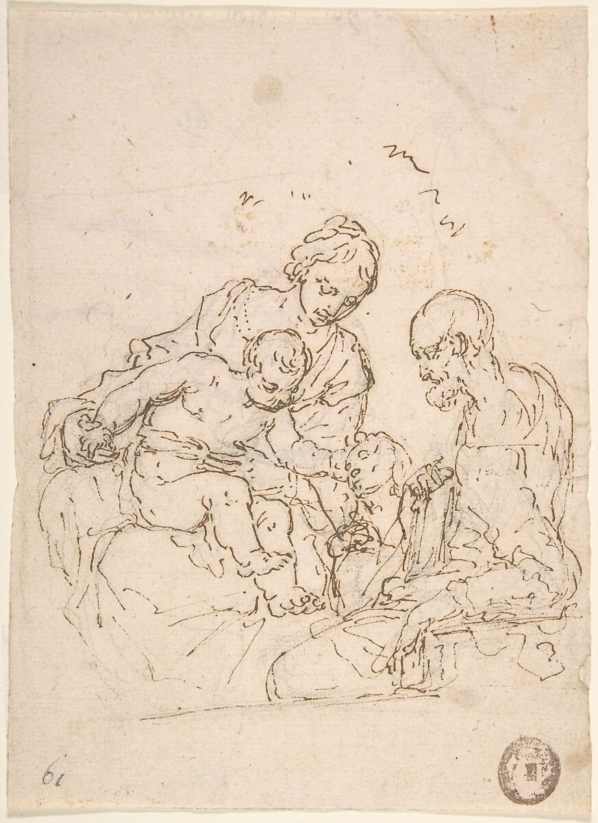Holy Family with St. John the Baptist (recto); Study of a Foot (verso), Anonymous, Italian, 17th century, Pen and brown ink over black chalk (recto); red chalk (verso) 