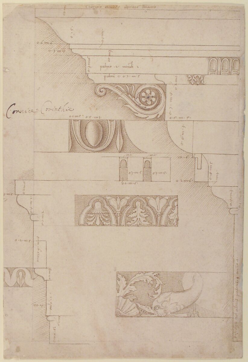 Architectural Study: The Measured Profiles of the Cornice and Entablature of the "Colonnacce" from the Forum Transitorium (the "Palace of Nerva"), Sangallo family (Florence, active ca. 1510–20), Pen and brown ink, over leadpoint, stylus ruling, and compass construction