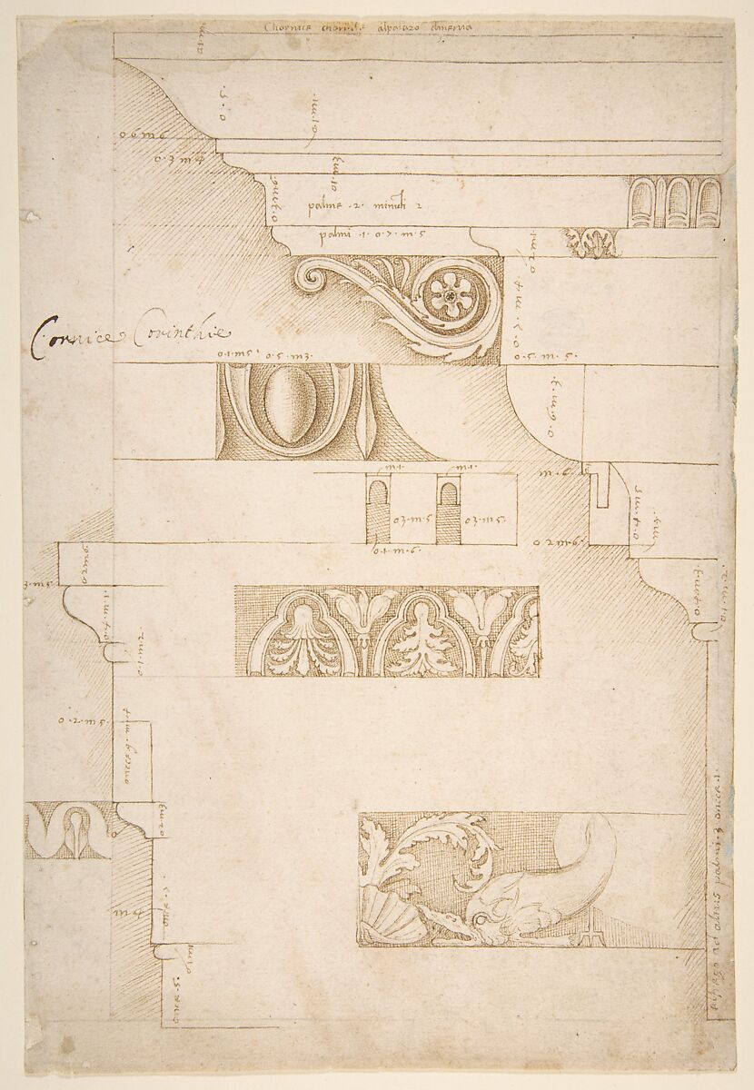 Architectural Study: The Measured Profiles of the Cornice and Entablature of the "Colonnacce" from the Forum Transitorium (the "Palace of Nerva")., Sangallo family (Florence, active ca. 1510–20), Pen and brown ink, over leadpoint, stylus ruling, and compass construction 