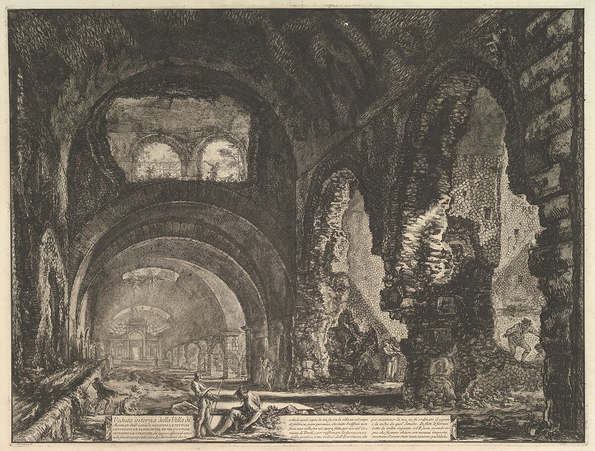 The so-called Villa of Maecenas at Tivoli. Interior with two figures in the opening of an arch above. (Veduta interna della Villa di Mecenate), Giovanni Battista Piranesi (Italian, Mogliano Veneto 1720–1778 Rome), etching 