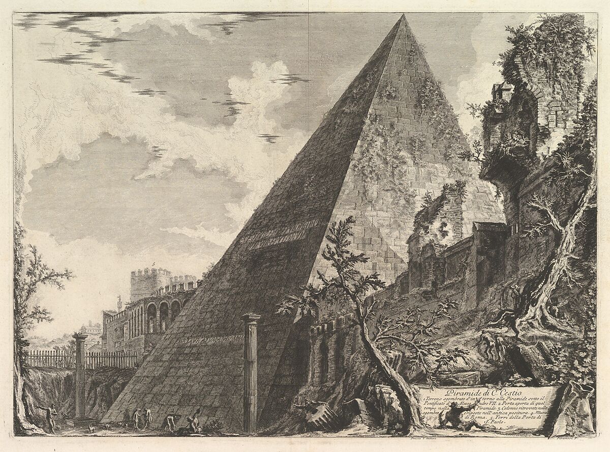 The Pyramid of Gaius Cestius, from Vedute di Roma (Roman Views), Giovanni Battista Piranesi  Italian, Etching; first state of three (Hind)