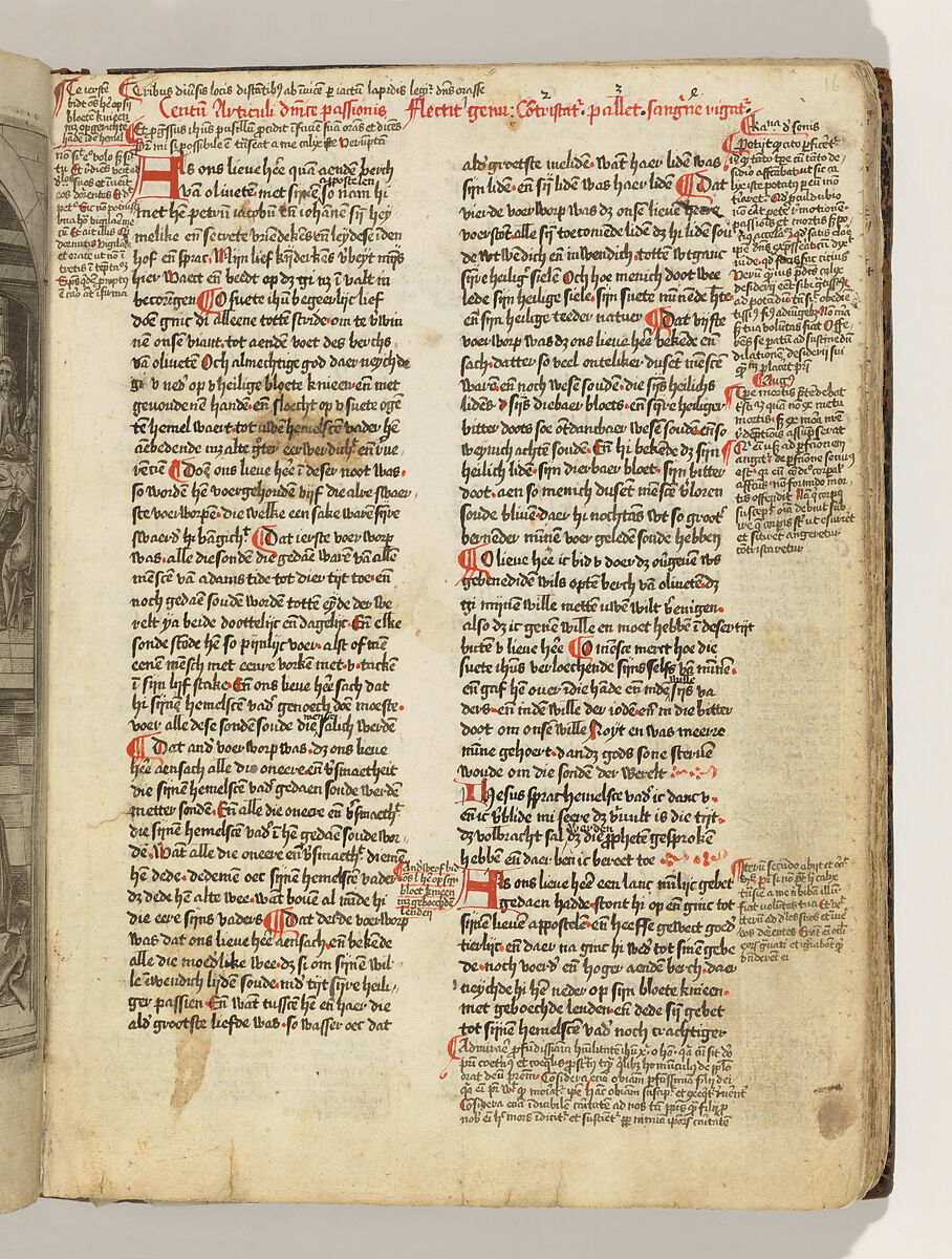 Album with Twelve Engravings of The Passion, a Woodcut of Christ as the Man of Sorrows, and a Metalcut of St. Jerome in Penitence, Israhel van Meckenem (German, Meckenem ca. 1440/45–1503 Bocholt), Engraving, two touched with gold;  woodcut, hand-colored; metalcut, hand-colored; manuscript in dark brown ink with red, and blue initials and flourishes; bound in blind-stamped leather