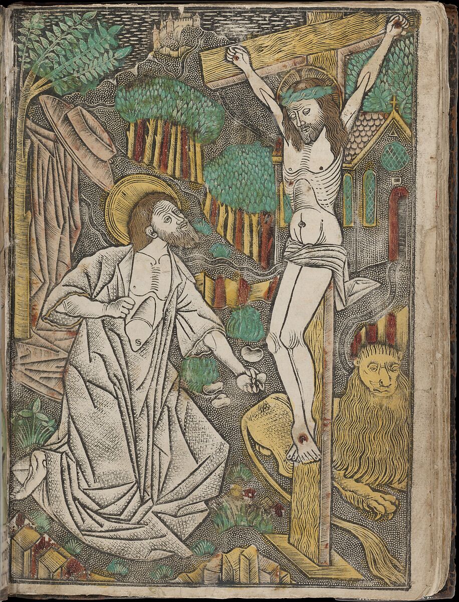 Album with Twelve Engravings of The Passion, a Woodcut of Christ as the Man of Sorrows, and a Metalcut of St. Jerome in Penitence, Israhel van Meckenem (German, Meckenem ca. 1440/45–1503 Bocholt), Engraving, two touched with gold;  woodcut, hand-colored; metalcut, hand-colored; manuscript in dark brown ink with red, and blue initials and flourishes; bound in blind-stamped leather