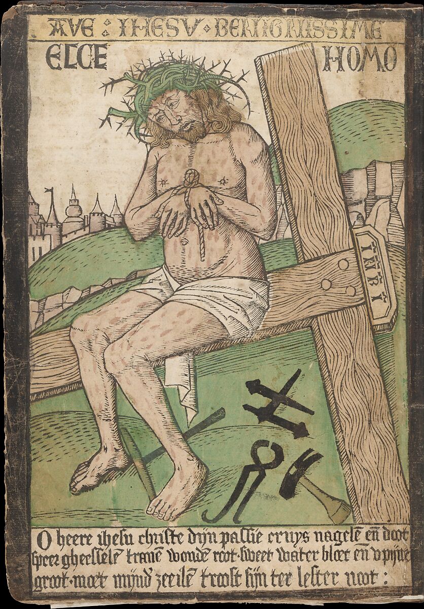 Album with Twelve Engravings of The Passion, a Woodcut of Christ as the Man of Sorrows, and a Metalcut of St. Jerome in Penitence, Israhel van Meckenem  German, Engravings, two touched with gold;  woodcut, hand-colored; metalcut, hand-colored; manuscript in dark brown ink with red, and blue initials and flourishes; bound in blind-stamped leather.