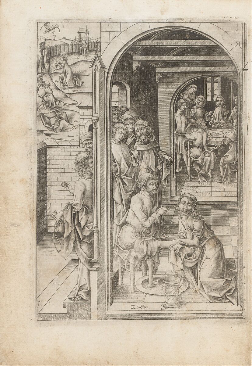 Album with Twelve Engravings of The Passion, a Woodcut of Christ as the Man of Sorrows, and a Metalcut of St. Jerome in Penitence, Israhel van Meckenem (German, Meckenem ca. 1440/45–1503 Bocholt), Engraving, two touched with gold;  woodcut, hand-colored; metalcut, hand-colored; manuscript in dark brown ink with red, and blue initials and flourishes; bound in blind-stamped leather