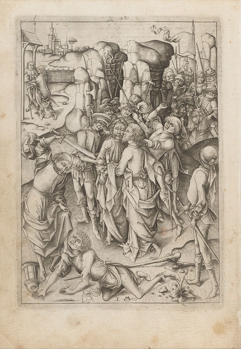 Album with Twelve Engravings of The Passion, a Woodcut of Christ as the Man of Sorrows, and a Metalcut of St. Jerome in Penitence, Israhel van Meckenem (German, Meckenem ca. 1440/45–1503 Bocholt), Engraving, two touched with gold;  woodcut, hand-colored; metalcut, hand-colored; manuscript in dark brown ink with red, and blue initials and flourishes; bound in blind-stamped leather