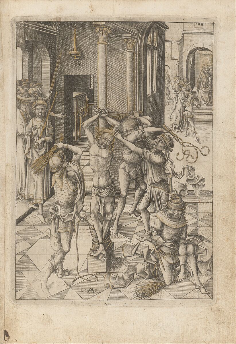 Album with Twelve Engravings of The Passion, a Woodcut of Christ as the Man of Sorrows, and a Metalcut of St. Jerome in Penitence, Israhel van Meckenem (German, Meckenem ca. 1440/45–1503 Bocholt), Engraving, two touched with gold;  woodcut, hand-colored; metalcut, hand-colored; manuscript in dark brown ink with red, and blue initials and flourishes; bound in blind-stamped leather