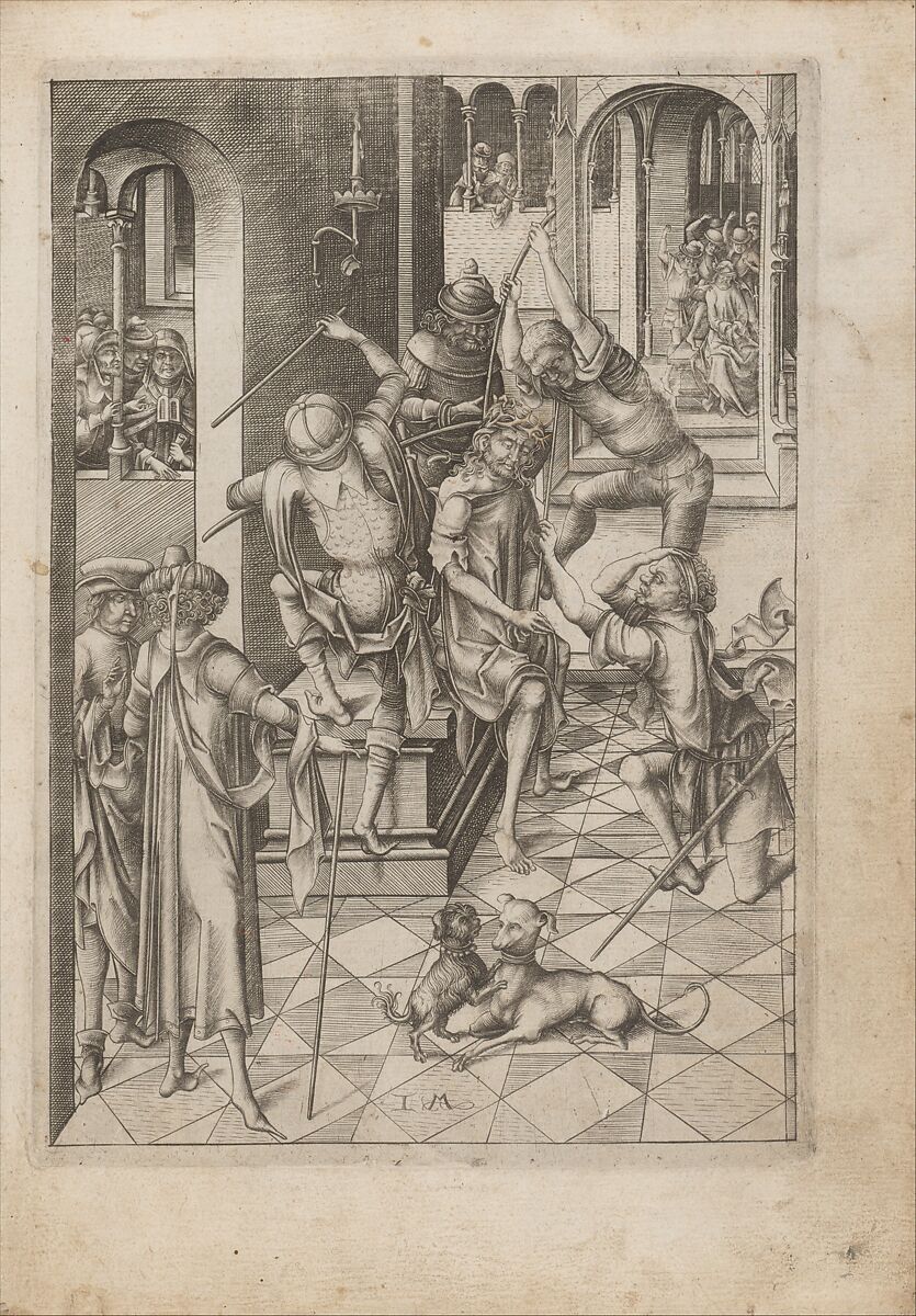 Album with Twelve Engravings of The Passion, a Woodcut of Christ as the Man of Sorrows, and a Metalcut of St. Jerome in Penitence, Israhel van Meckenem (German, Meckenem ca. 1440/45–1503 Bocholt), Engraving, two touched with gold;  woodcut, hand-colored; metalcut, hand-colored; manuscript in dark brown ink with red, and blue initials and flourishes; bound in blind-stamped leather