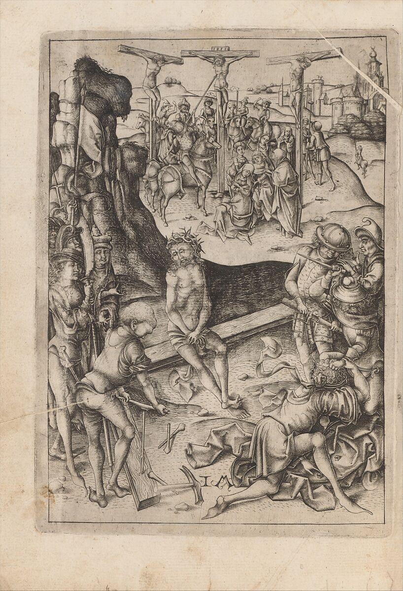 Album with Twelve Engravings of The Passion, a Woodcut of Christ as the Man of Sorrows, and a Metalcut of St. Jerome in Penitence, Israhel van Meckenem (German, Meckenem ca. 1440/45–1503 Bocholt), Engraving, two touched with gold;  woodcut, hand-colored; metalcut, hand-colored; manuscript in dark brown ink with red, and blue initials and flourishes; bound in blind-stamped leather
