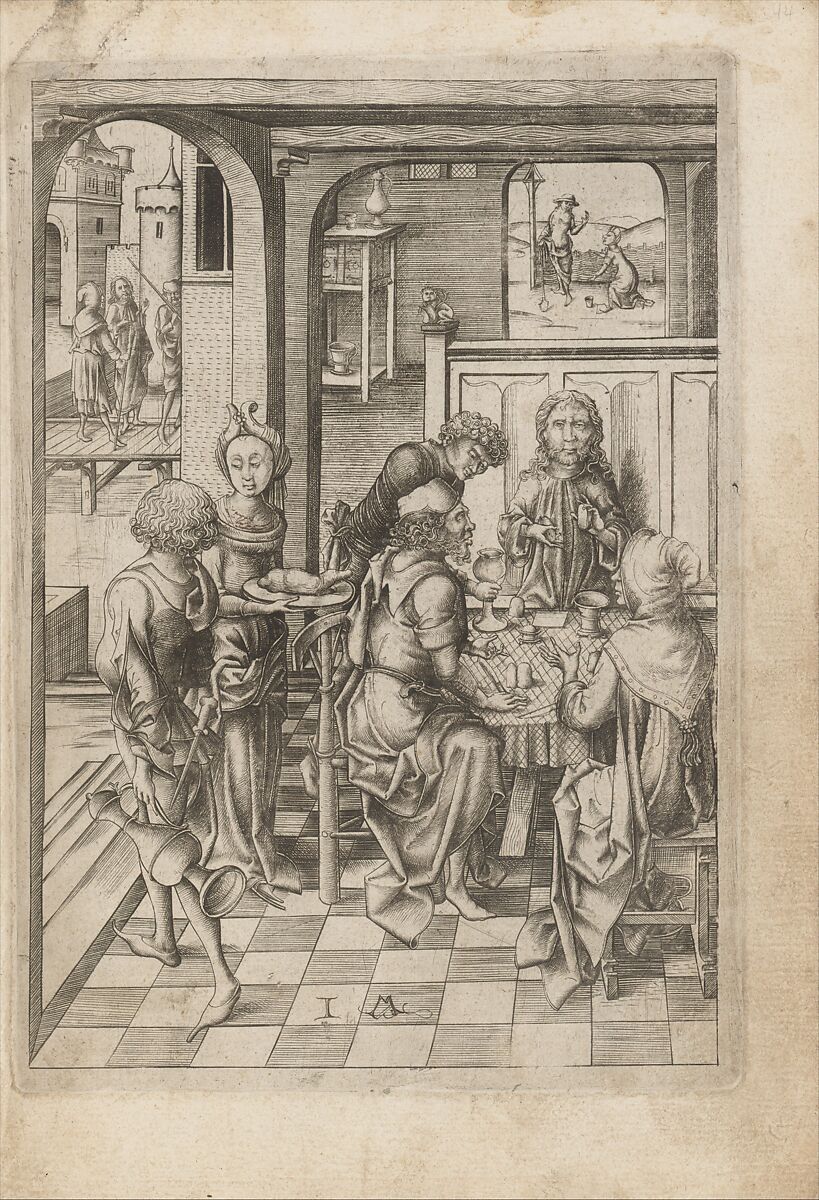 Album with Twelve Engravings of The Passion, a Woodcut of Christ as the Man of Sorrows, and a Metalcut of St. Jerome in Penitence, Israhel van Meckenem (German, Meckenem ca. 1440/45–1503 Bocholt), Engraving, two touched with gold;  woodcut, hand-colored; metalcut, hand-colored; manuscript in dark brown ink with red, and blue initials and flourishes; bound in blind-stamped leather