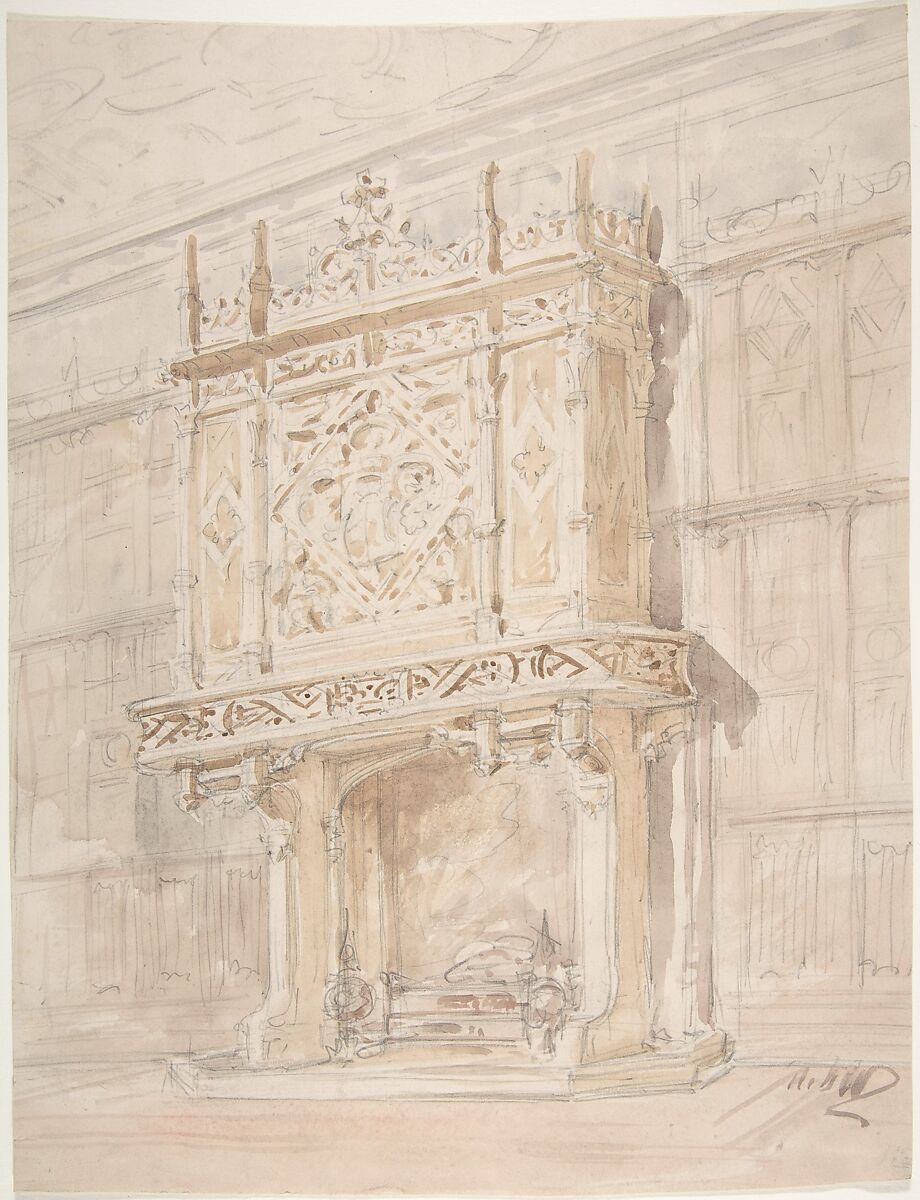 Medieval or Tudor Chimneypiece Design, Anonymous, British, 19th century, Pen and brown ink, brush and wash 