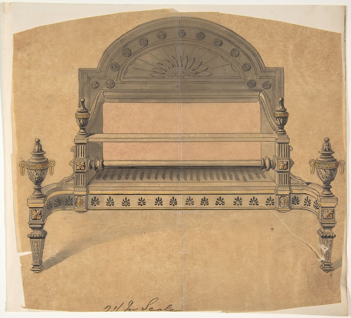 Design for a Fireplace Grate, Anonymous, British, 19th century, Pen and ink and watercolor on tracing paper 